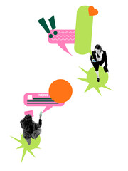 Creative collage of two women communicating with colorful speech bubbles and news elements. Concept of media communication, digital conversation, and modern information sharing.