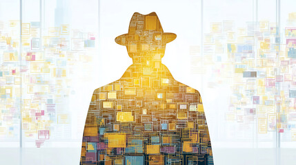 Image features silhouette of person wearing hat, filled with vibrant pattern of colorful squares and rectangles, suggesting themes of mystery