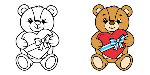 Cute Cartoon Teddy Bear Holding Heart with Ribbon and Bow in Fun Illustration Style for Kids and Lovers