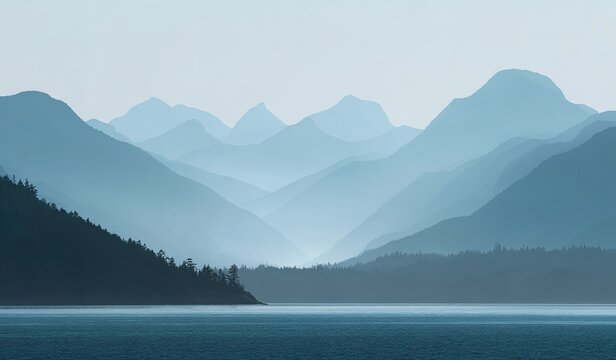Tranquil landscape with layered, misty mountains and dark shoreline over a serene body of water