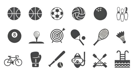 "16 Sports & Activity Icons: Minimalist Black and White Set for Fitness, Recreation & Design"