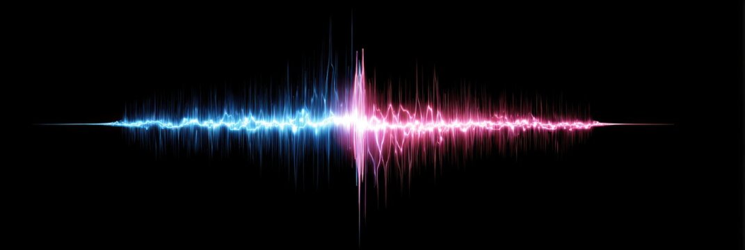 A symmetrical abstract illustration with a vibrant two-tone waveform against a stark black background