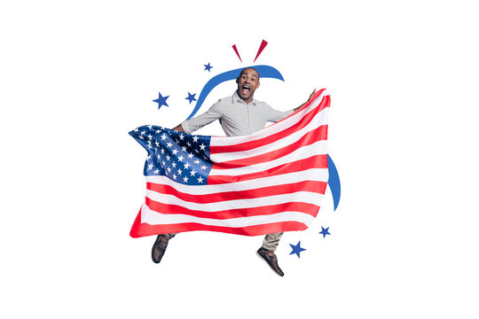Creative abstract template collage of funny man hold flag celebrating 4th july usa independence day freak bizarre unusual fantasy billboard