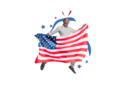 Creative abstract template collage of funny man hold flag celebrating 4th july usa independence day freak bizarre unusual fantasy billboard