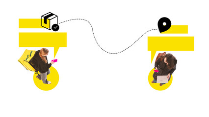 Courier and customer chatting in minimalist yellow poster with parcel and location icons. Concept of delivery tracking, online logistics, and communication between service and client.