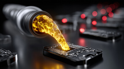 Digital data stream flowing from connector into circuit board, showcasing technology and innovation