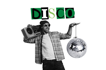 Composite photo collage of happy hipster guy hold retro boombox disco ball party occasion relax...
