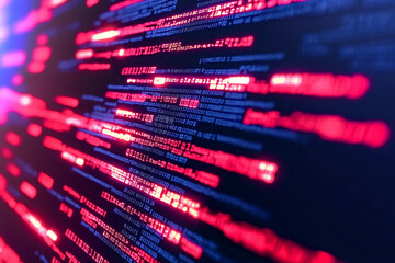 Digital display of binary code with vibrant red and blue colors, representing technology and data visualization