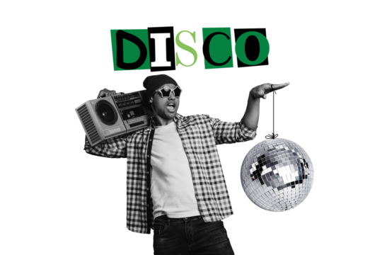 Composite photo collage of happy hipster guy hold retro boombox disco ball party occasion relax isolated on painted background - Powered by Adobe