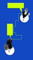 Abstract collage of two businesswomen texting with green chat bubbles on blue background. Concept of professional dialogue, teamwork, and online connection in digital workspace.