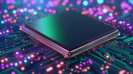 Close up view of microprocessor on circuit board, surrounded by colorful lights and patterns, showcasing technology and innovation