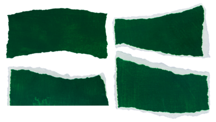 Set of green ripped paper pieces isolated on empty background for creative scrapbooking and collage art