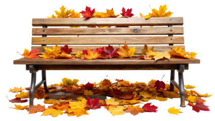 Rustic wooden park bench adorned with vibrant red orange and yellow autumn leaves isolated on transparent background