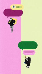 Modern artwork. Courier and office worker communicating with voice message icons on split colorful background. Concept of delivery coordination, voice messaging, and modern digital connection.