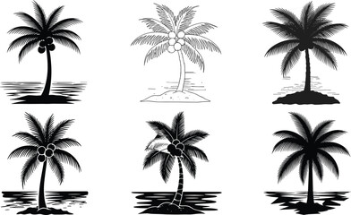 Coconut palm tree silhouette collection, tropical beach vector illustration, summer island nature art, black and white seaside landscape design graphic