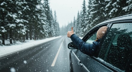 Person Giving Thumbs Up from Car Window on Snowy Forest Road gesture