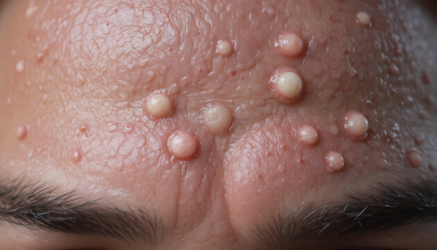 Close-up of forehead with numerous white bumps and pimples, indicating skin irritation or acne