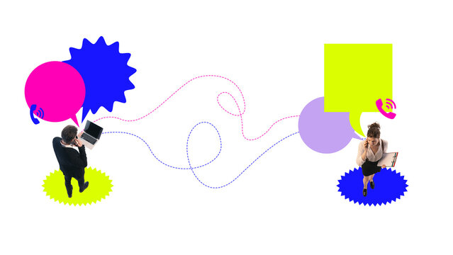 Trendy composition. Businesspeople talking on phones with colorful chat bubbles connected by dotted lines. Concept of teamwork, business dialogue, and modern digital communication network.