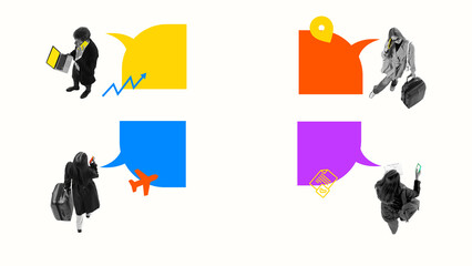 Abstract collage of global communication and travel icons with people talking on smartphones. Concept of international business connection, teamwork, and digital mobility.