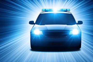 Police vehicle with flashing lights speeds through dynamic blue background, creating sense of urgency and action