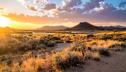 A radiant sunset bathes a vast desert landscape. Mountains and a serene lake add depth as clouds glow. Golden light touches foreground vegetation