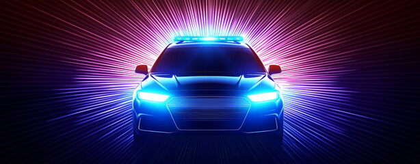 Emergency vehicle with flashing lights, illuminated in vibrant colors, creates dramatic effect