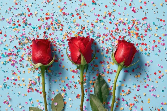 Three vibrant red roses with green stems and leaves, scattered among colorful confetti on a light blue background - Powered by Adobe