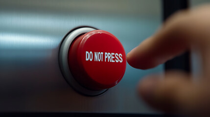Red "Do Not Press" button being touched. A visual metaphor for temptation, risk, danger, or the consequences of actions. Compelling and symbolic.