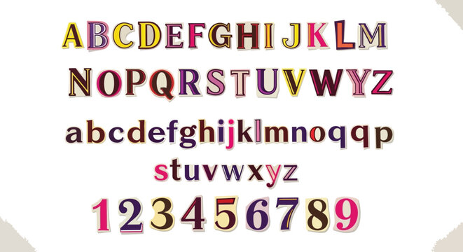 Colorful Paper Cutout Style Alphabet Letters and Numbers on White Background