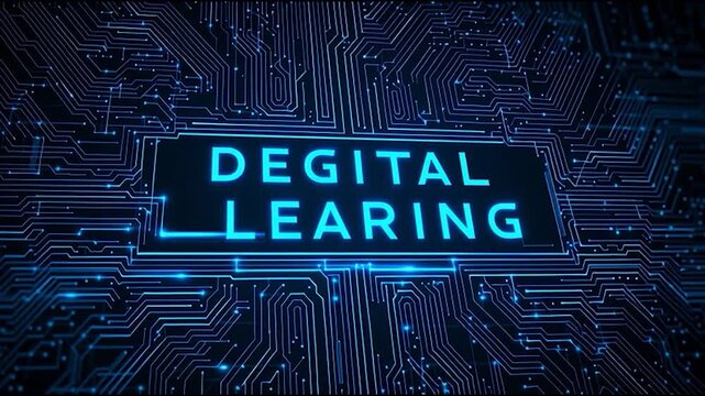 A digital background featuring a circuit board design with the phrase 'DIGITAL LEARNING' illuminated in blue, emphasizing technology and education.