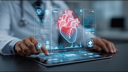 A healthcare professional interacts with a holographic display of a human heart, showcasing medical data and advanced technology. - Powered by Adobe