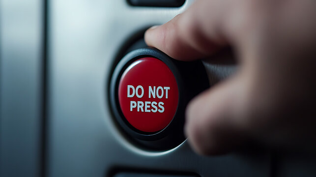 Forbidden Button: A hand hovers over a red button labeled "DO NOT PRESS." Temptation and curiosity drive the moment, urging defiance of the explicit warning.
