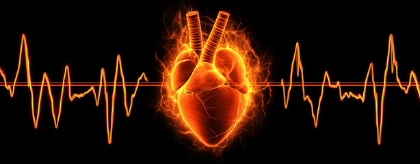 Vibrant heart illustration radiates energy, symbolizing life and vitality, with electrocardiogram line representing heartbeat rhythm