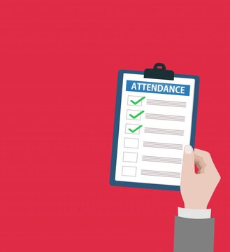  attendance clipboard with checklist. Questionnaire, survey, clipboard, task list. Flat design, 