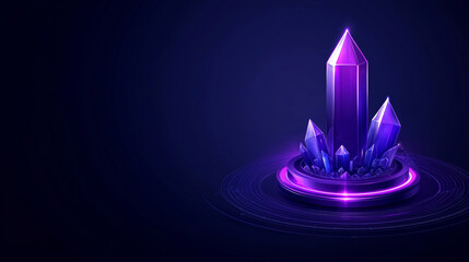 Vibrant energy device featuring cluster of purple crystals radiating light, set against dark background, evokes sense of mystique and power