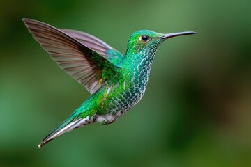 A vividly colored bird with iridescent green feathers and outstretched wings against a blurred background