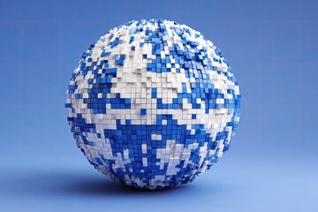 A sphere composed of blue and white pixelated blocks, resembling a fragmented globe on a blue background