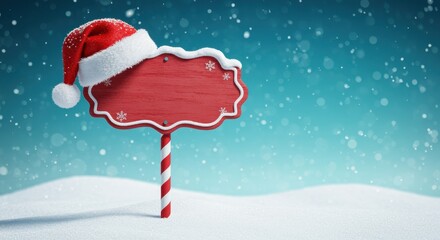Red wooden Christmas signpost with Santa hat in snowy landscape image photo