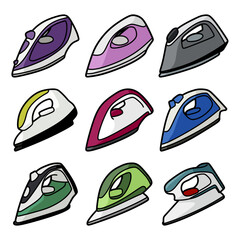 collection of colorful electric steam irons set illustration