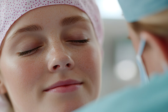 Patient with closed eyes in a surgical setting, preparing for a procedure. Medical staff in sterile attire provides support in the hospital environment.
