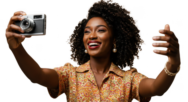 Joyful Black woman taking a selfie with a retro camera and beaming smile.