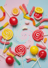 Assorted candies and lollipops on colorful background
