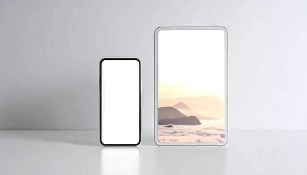 A smartphone and tablet, both with blank screens. The tablet displays a landscape view. Minimalist design on a white surface