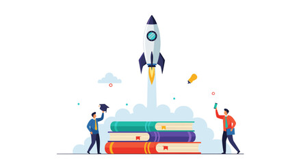 Students launch into knowledge and success with a rocket powered by educational books.