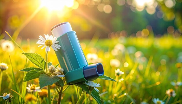 Render a teal asthma inhaler placed among blooming daisies in a sunlit meadow with green grass and warm light, isolated to emphasize respiratory wellness, nature&rsquo;s healing, and breath symbolism.