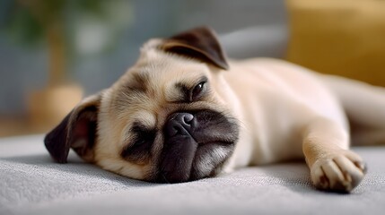 Sleepy Pug dog, close-up, resting, cozy, pet, cute, laziness, animal, home. Little pug puppy napping on a couch, relaxed and happy, comfortable indoor shot