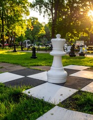 Obraz premium Giant chess set in a park, sunlit, with grass and trees