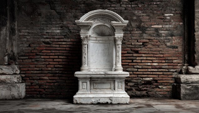 A weathered white alcove stands before a textured red brick wall. The floor appears aged