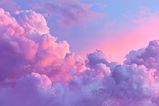 Dreamy sunset sky with fluffy, pink and purple clouds illuminated by soft light