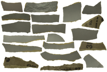 Set of brown and gray torn paper strips isolated on empty background for craft or grunge style collage